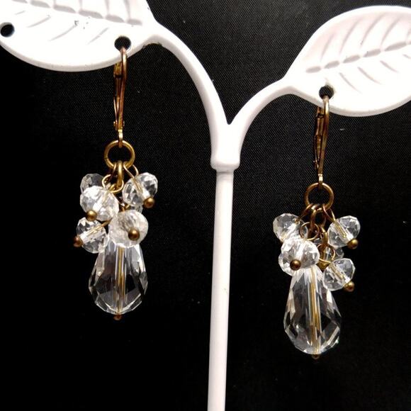 Vintage Clear Crystal Beaded Cluster Lever-back Earrings, 1 3/4 Inches - Picture 4 of 5